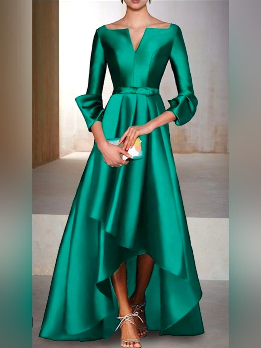 LanTing.Elegant women's satin party dresses with a V-neck, 3/4 sleeves, a flared